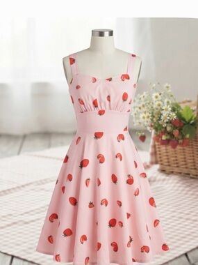 Pink Strawberry-Print Summer Dress